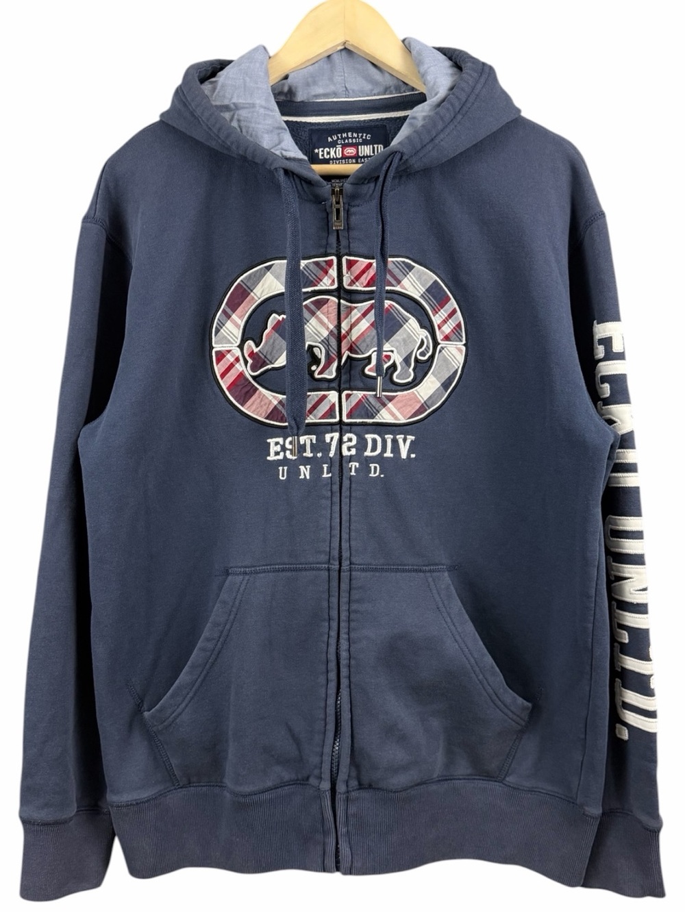 Vintage Y2K Ecko Unltd. Plaid Rhino Full Zip Hoodie Navy Size Large